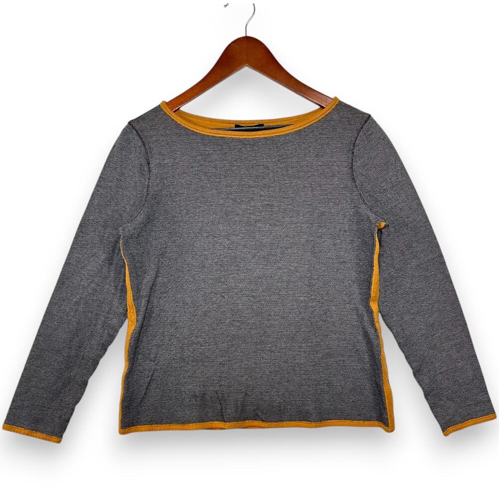 Lafayette 148 Medium Womens Gray Striped Orange Trim Long Sleeve Top Soft Cotton
